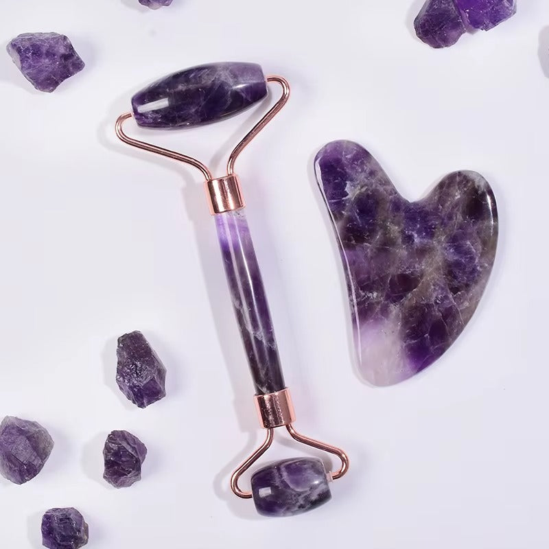 Leshera™ Amethyst Gua Sha & Face Roller Set – Natural Crystal Skin Care Tools