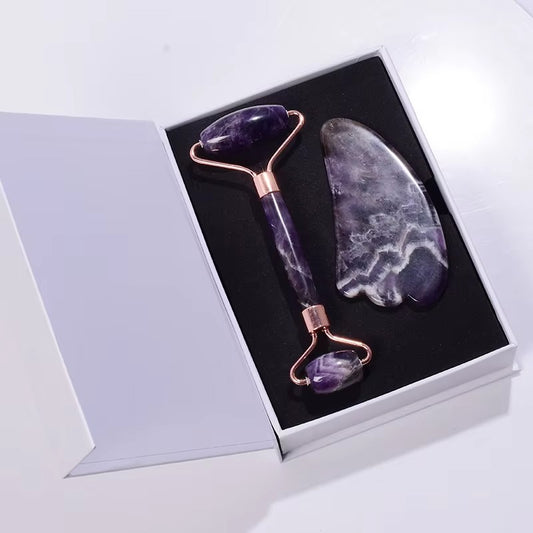 Leshera™ Amethyst Gua Sha & Face Roller Set – Natural Crystal Skin Care Tools