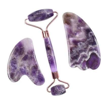 Leshera™ Amethyst Gua Sha & Face Roller Set – Natural Crystal Skin Care Tools