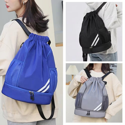 🎒 Waterproof Drawstring Gym Backpack – Multi-Purpose Sports Bag with Shoe Compartment & Wet Pocket