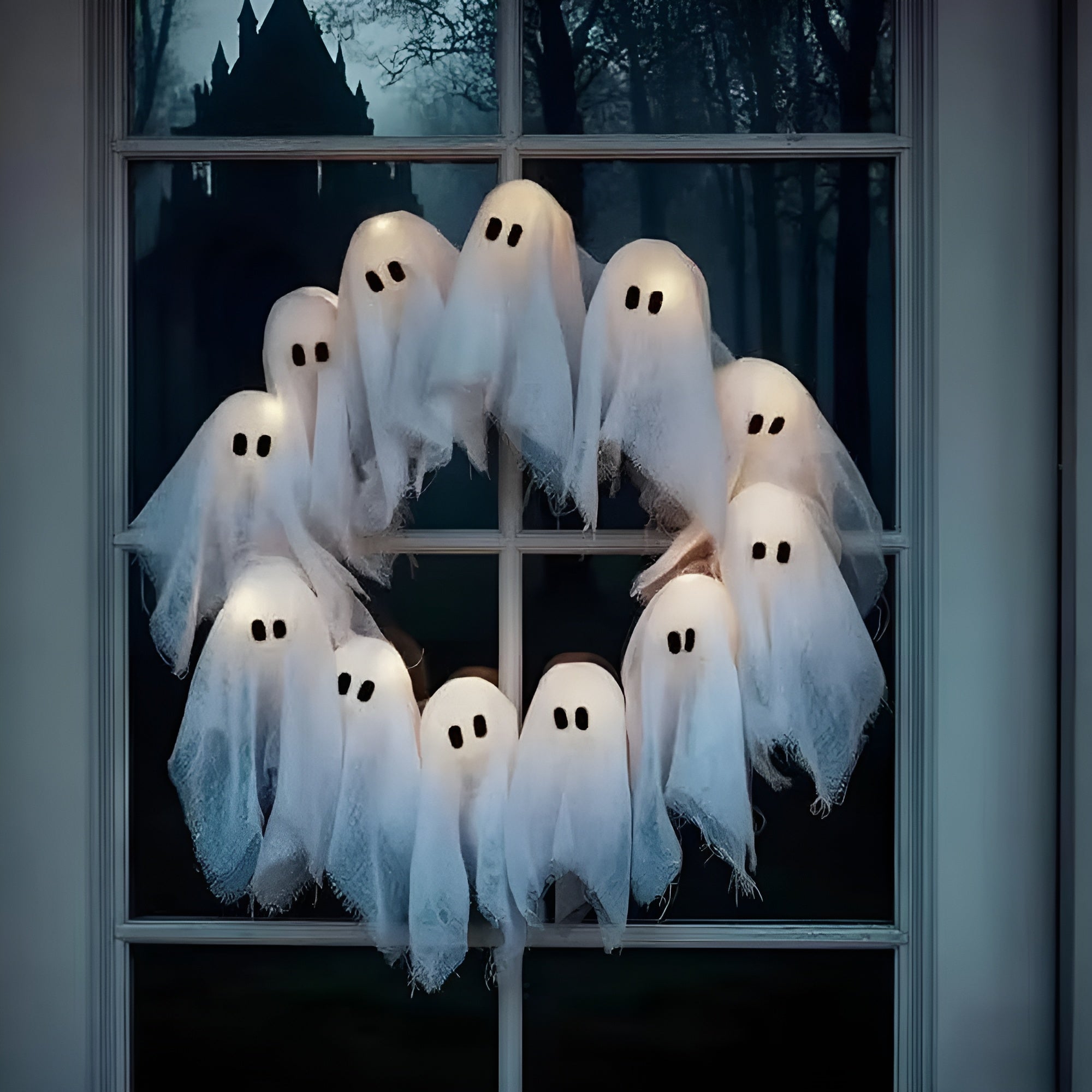 🎃 Halloween Ghost Wreath Sale 20%💥 – 12 LED Light-Up Spooky Garland