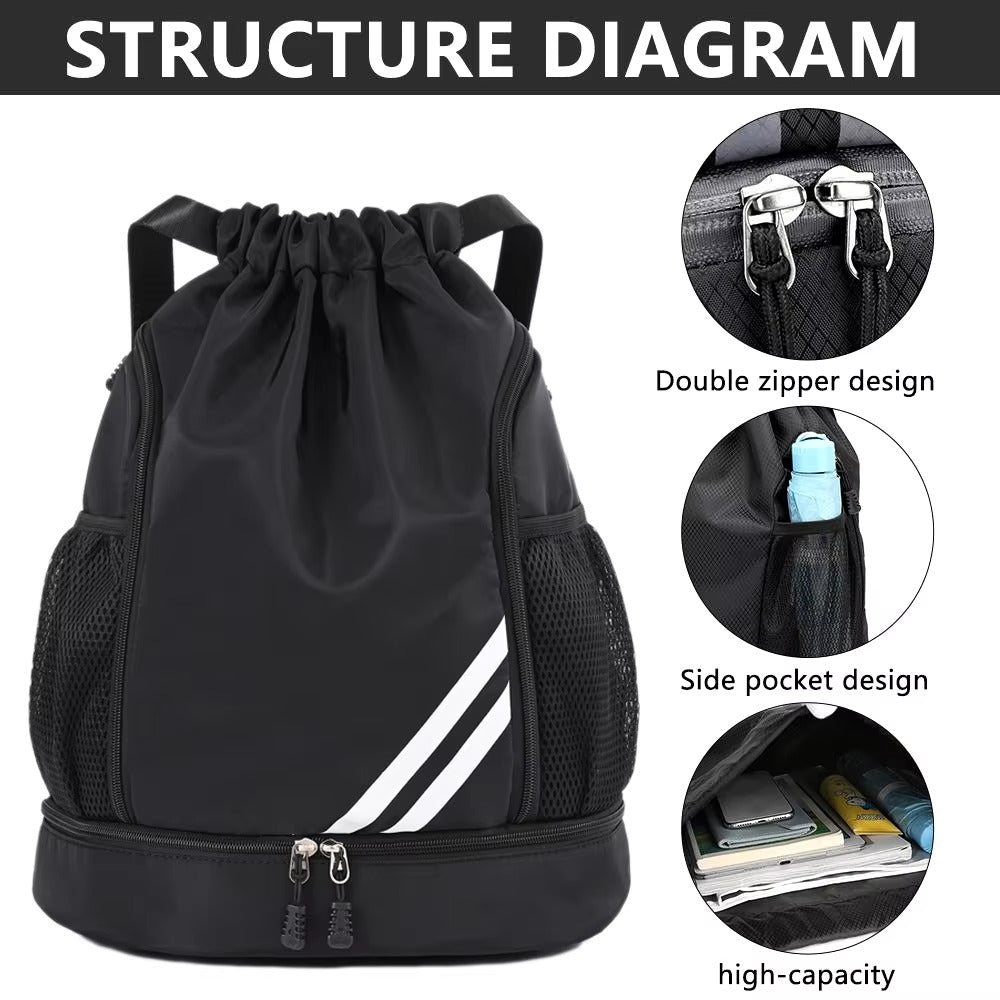 🎒 Waterproof Drawstring Gym Backpack – Multi-Purpose Sports Bag with Shoe Compartment & Wet Pocket