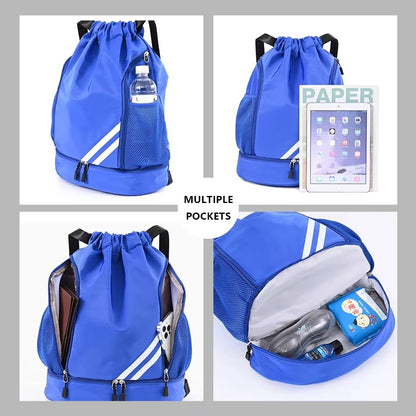 🎒 Waterproof Drawstring Gym Backpack – Multi-Purpose Sports Bag with Shoe Compartment & Wet Pocket