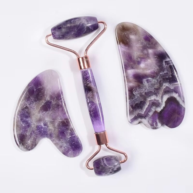 Leshera™ Amethyst Gua Sha & Face Roller Set – Natural Crystal Skin Care Tools
