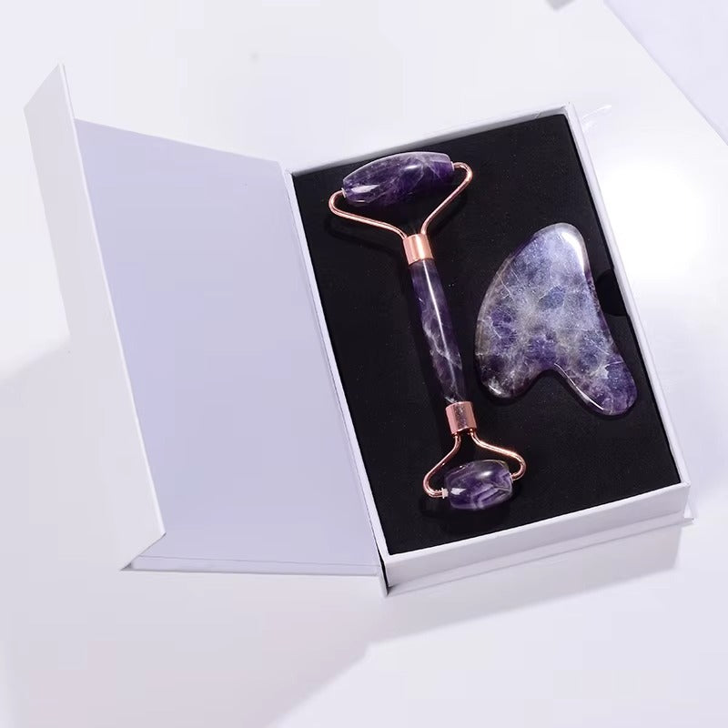 Leshera™ Amethyst Gua Sha & Face Roller Set – Natural Crystal Skin Care Tools